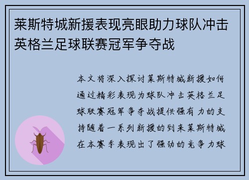 莱斯特城新援表现亮眼助力球队冲击英格兰足球联赛冠军争夺战