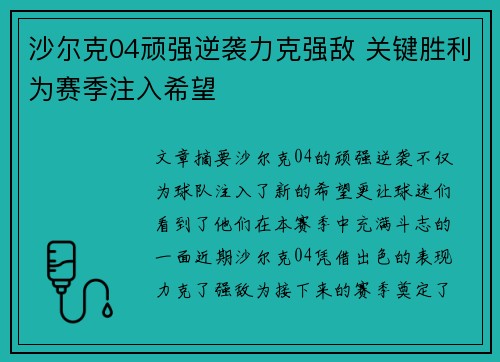 沙尔克04顽强逆袭力克强敌 关键胜利为赛季注入希望