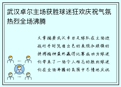 武汉卓尔主场获胜球迷狂欢庆祝气氛热烈全场沸腾