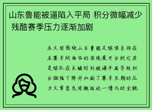 山东鲁能被逼陷入平局 积分微幅减少 残酷赛季压力逐渐加剧